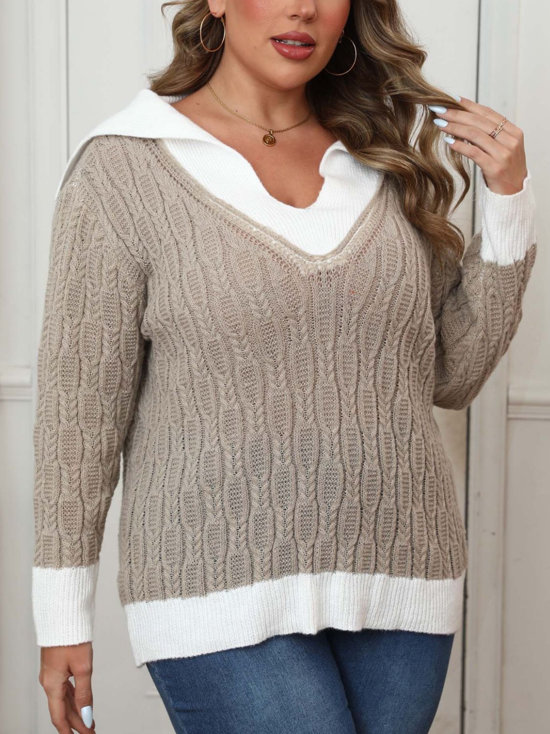 Front view of Plus Size Contrast Trim Collared Neck Sweater