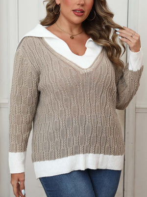 Front view of Plus Size Contrast Trim Collared Neck Sweater