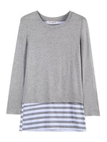 A long-sleeve gray tunic top with a contrasting striped hem. The top is heather gray with a crew neck, and the bottom hem features horizontal stripes in gray, white, and light blue.