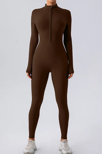 Brown bodysuit worn by a person on a white background