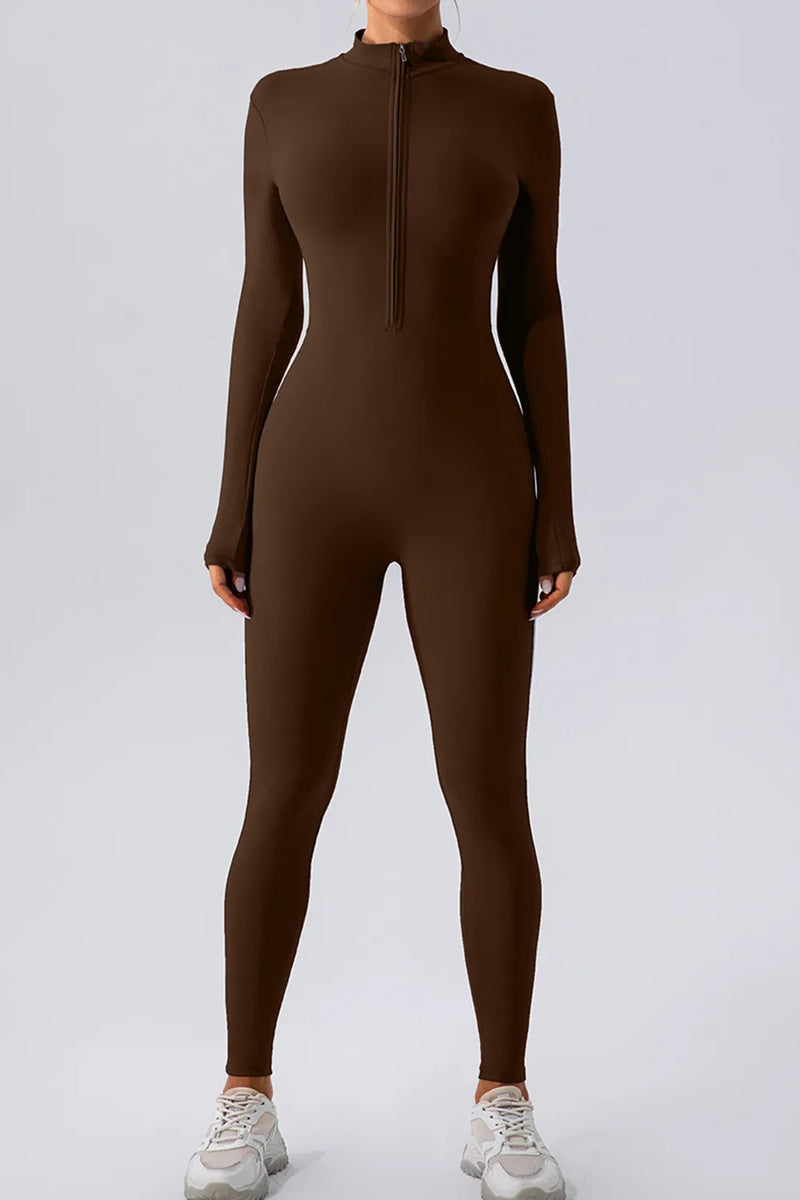 Brown bodysuit worn by a person on a white background