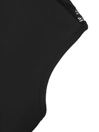 Black swimsuit top with lace trim on a white background