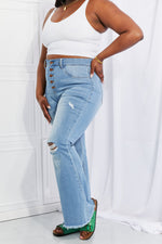 Side view of plus size Vibrant MIU Jess Flare Jeans | Ultra High Rise Button Fly Denim