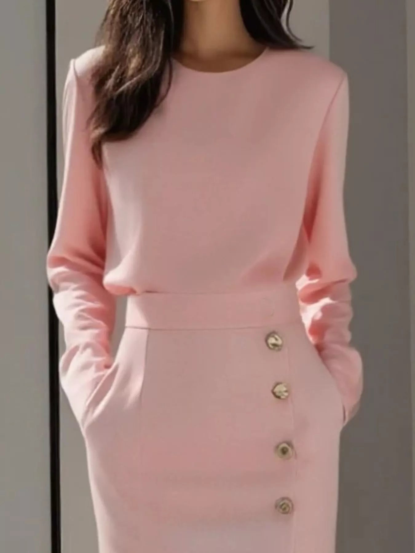 Long Sleeve Button Detail Midi Dress with Side Slit Long Sleeve Button Detail Midi Dress with Side Slit