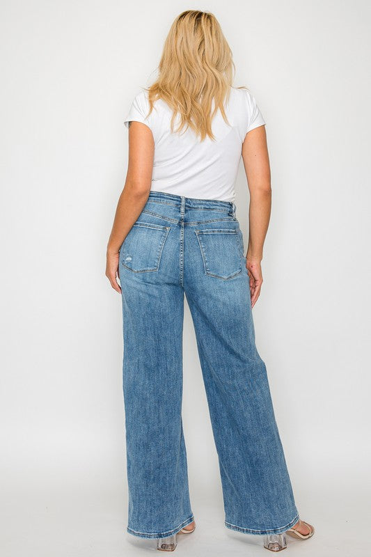 Full back view of bytos Full Size High Rise Wide Leg Jeans with Pockets