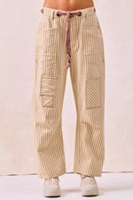 Beige striped pants with a drawstring on a white background