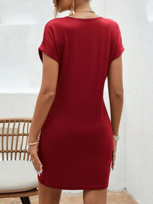 Back view of burgundy Notched Short Sleeve Mini Tee Dress