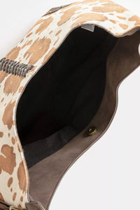 Close-up of a leopard print handbag with a white background