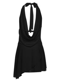 Black halter dress with a bow detail on a white background