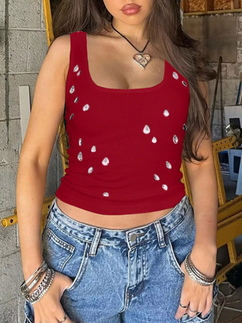 Red Women's Bead Embellished Square Neck Tank