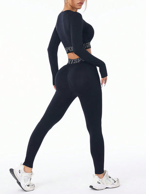 Back view of Letter Print Round Neck Long Sleeve Top and Leggings Active Set