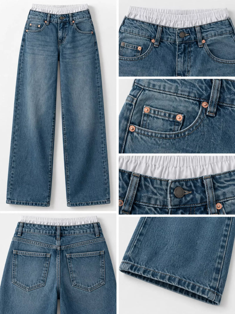 A multi-view product collage of blue denim jeans with an elastic waistband, showing the front, back, close-up front pocket, back pocket, and hem detail on a light gray background.