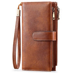 Brown leather wallet with a strap on a white background