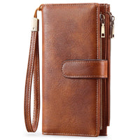 Brown leather wallet with a strap on a white background