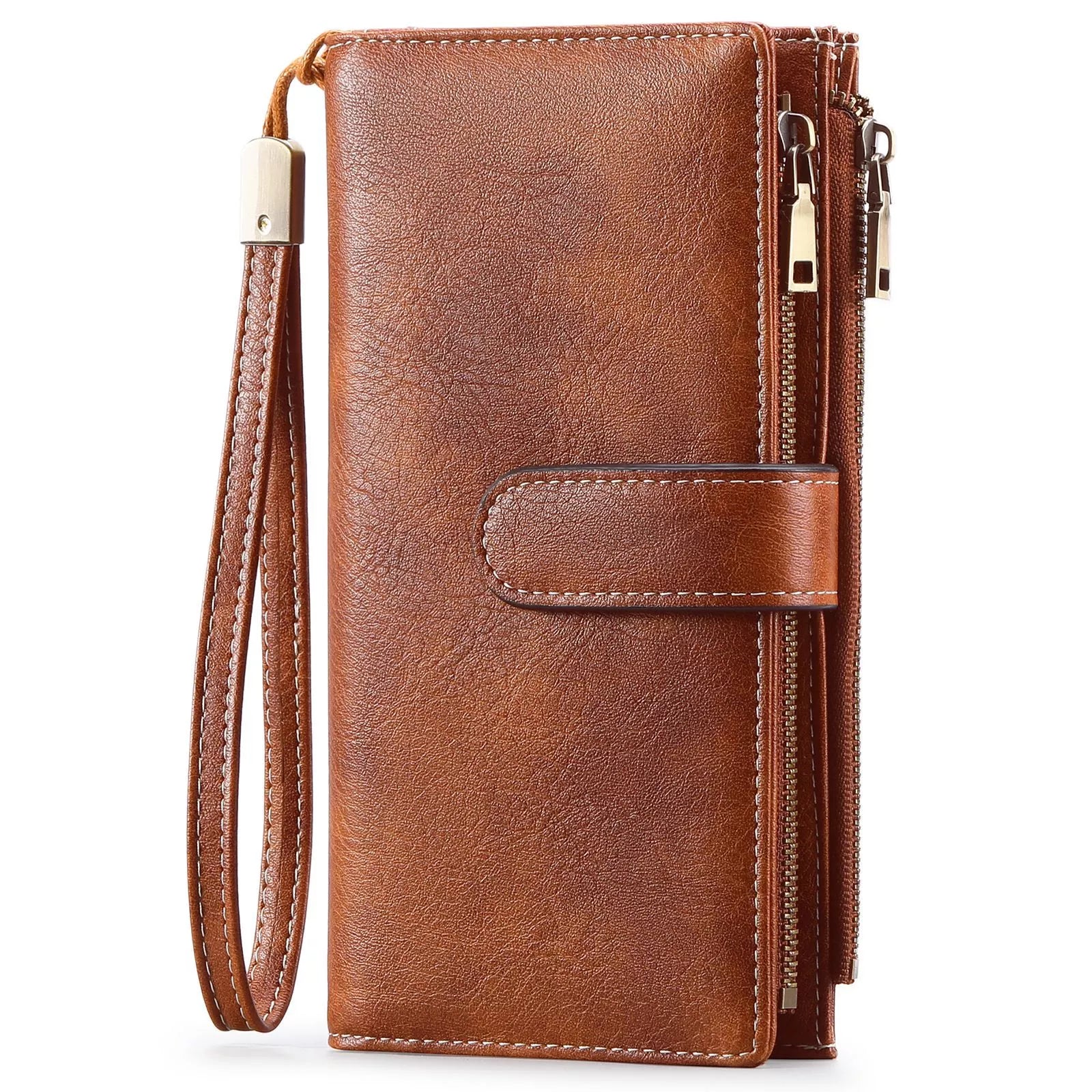 Brown leather wallet with a strap on a white background