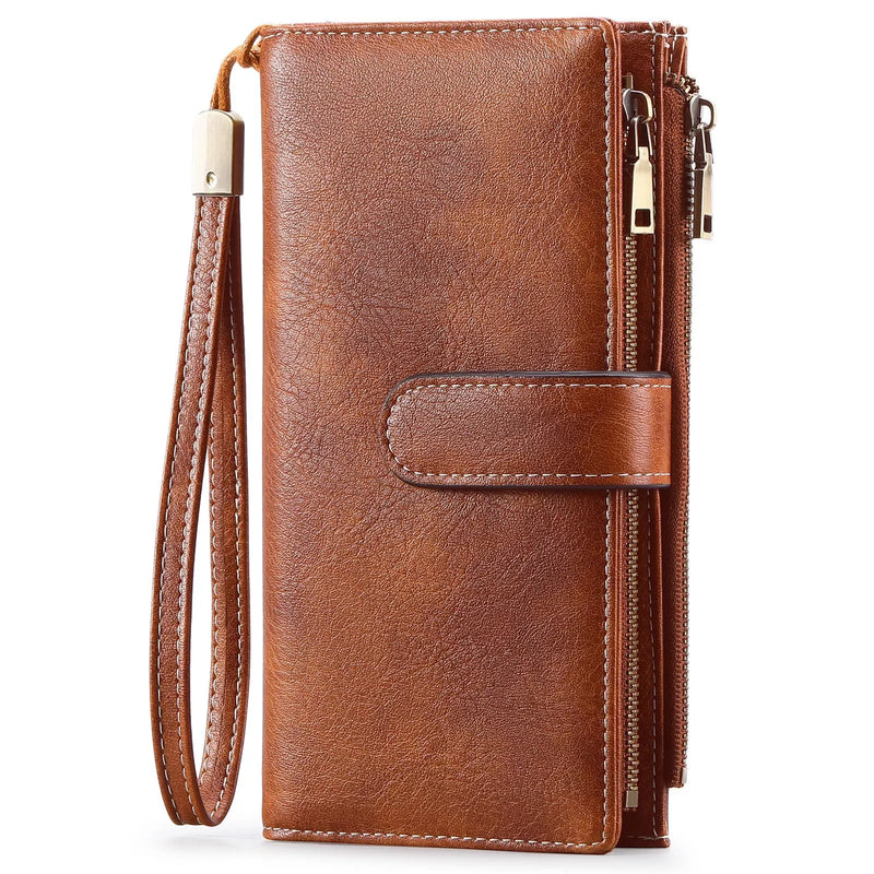 Brown leather wallet with a strap on a white background