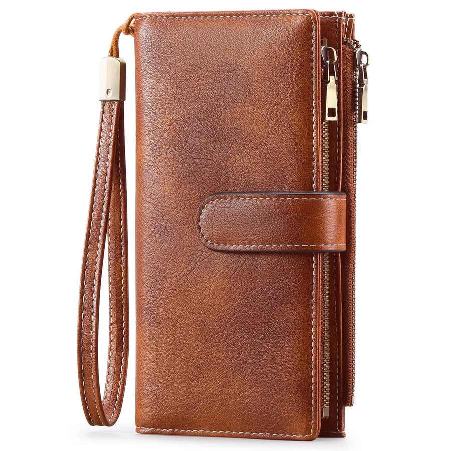 Brown leather wallet with a strap on a white background