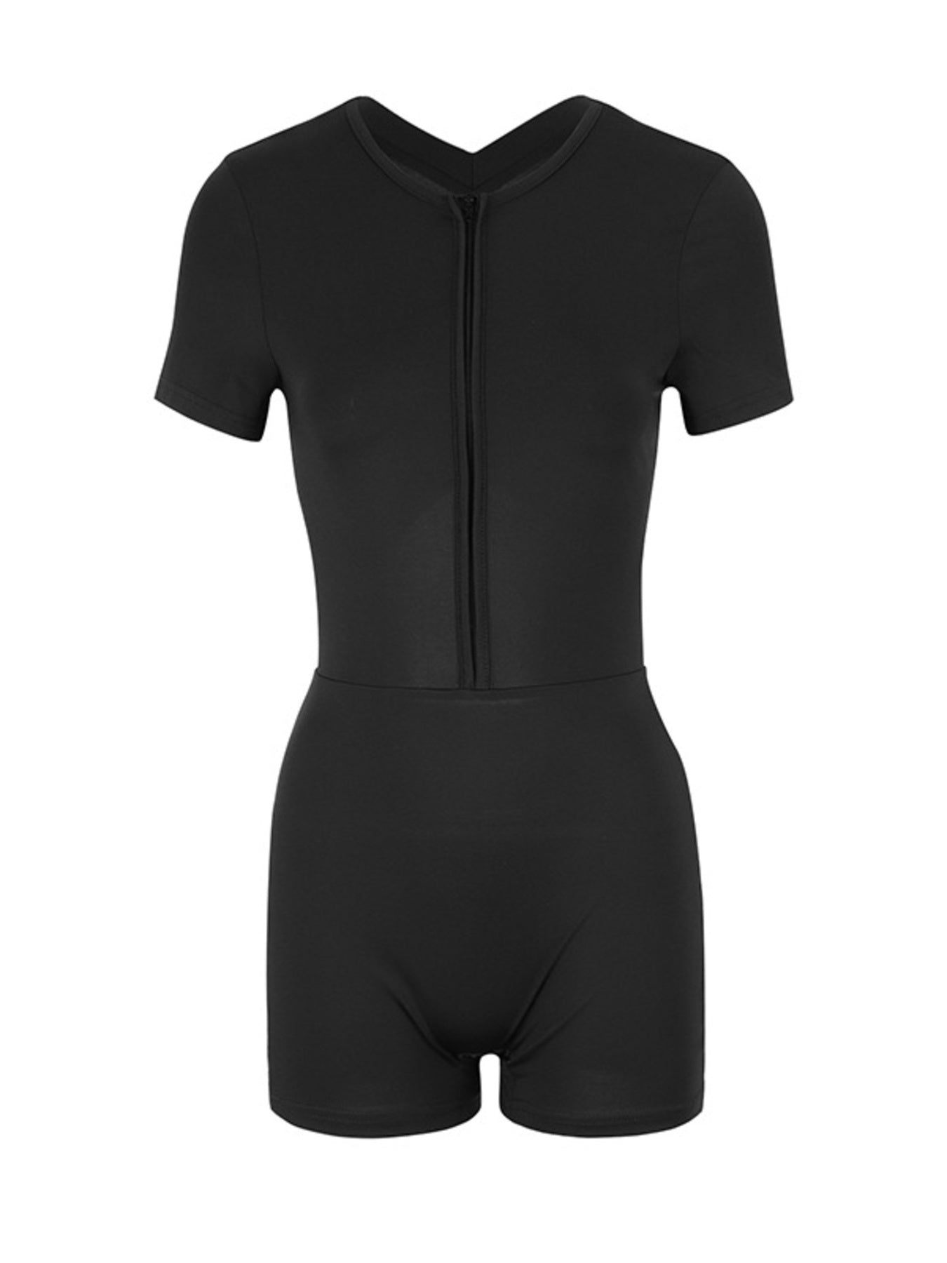 Black bodysuit with zipper on a white background