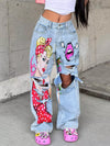 Full Size Art Print Distressed Wide-Leg Jeans Plus Size