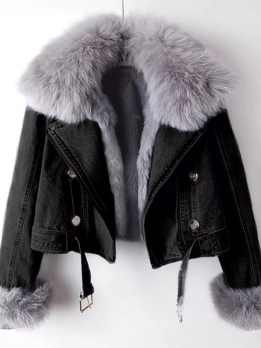 Black denim jacket with gray fur trim on a white background