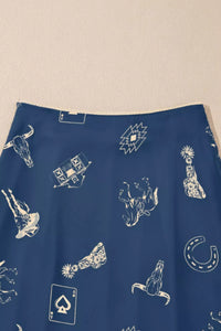 Blue fabric with white graphic designs on a beige background