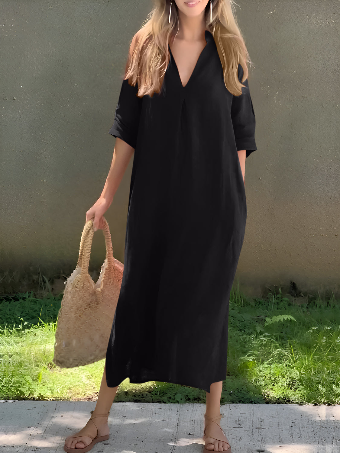 Black Full Size Notched Half Sleeve Midi Dress