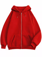 A bright red zip-up hoodie with a front zipper, drawstrings, and kangaroo pockets, shown against a plain white background.