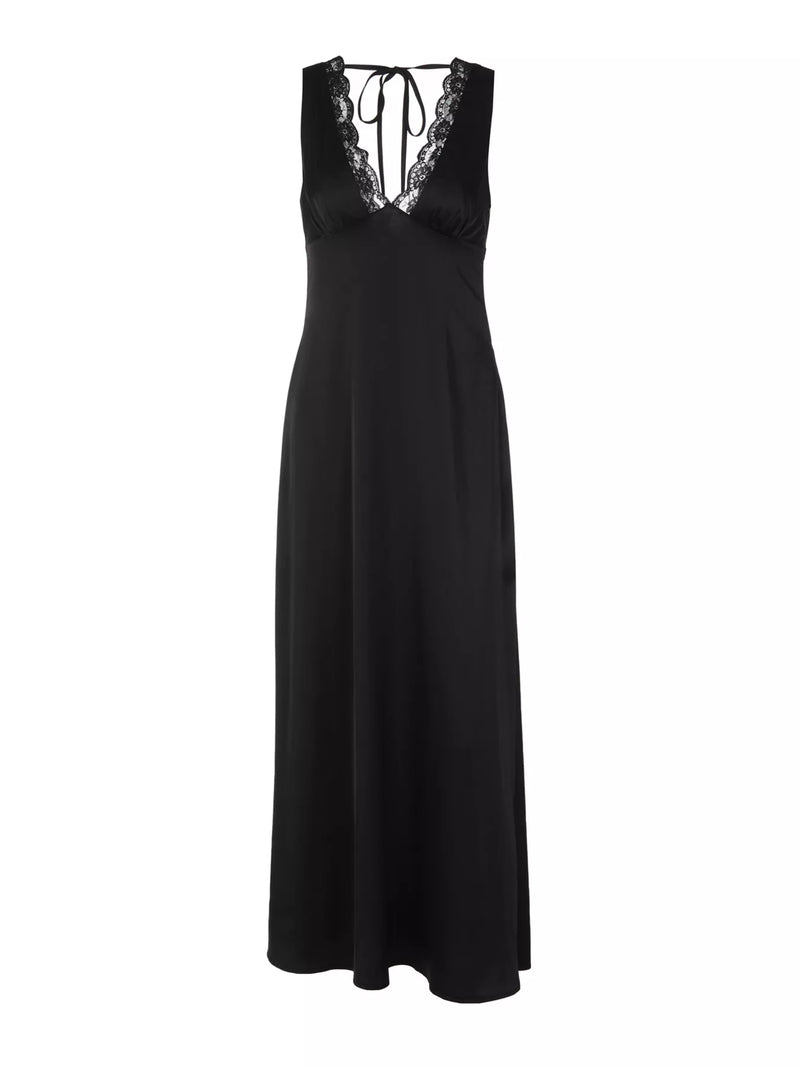 Black sleeveless dress with lace detailing on a white background