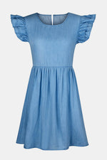 Blue dress with ruffled sleeves on a white background