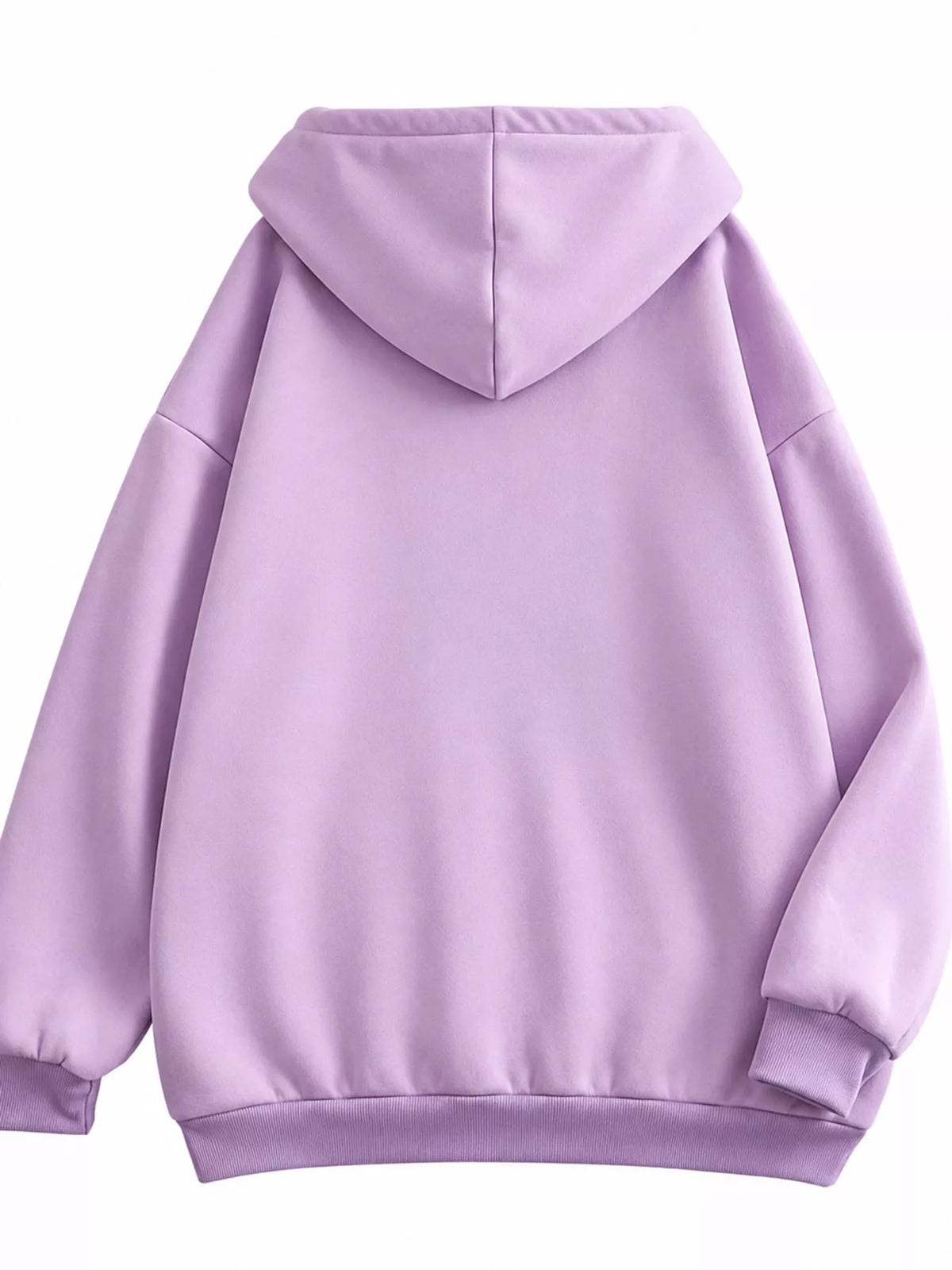 A light purple/lavender pullover hoodie shown from the back, featuring a relaxed fit, ribbed cuffs, and a ribbed hem, photographed against a solid white background.