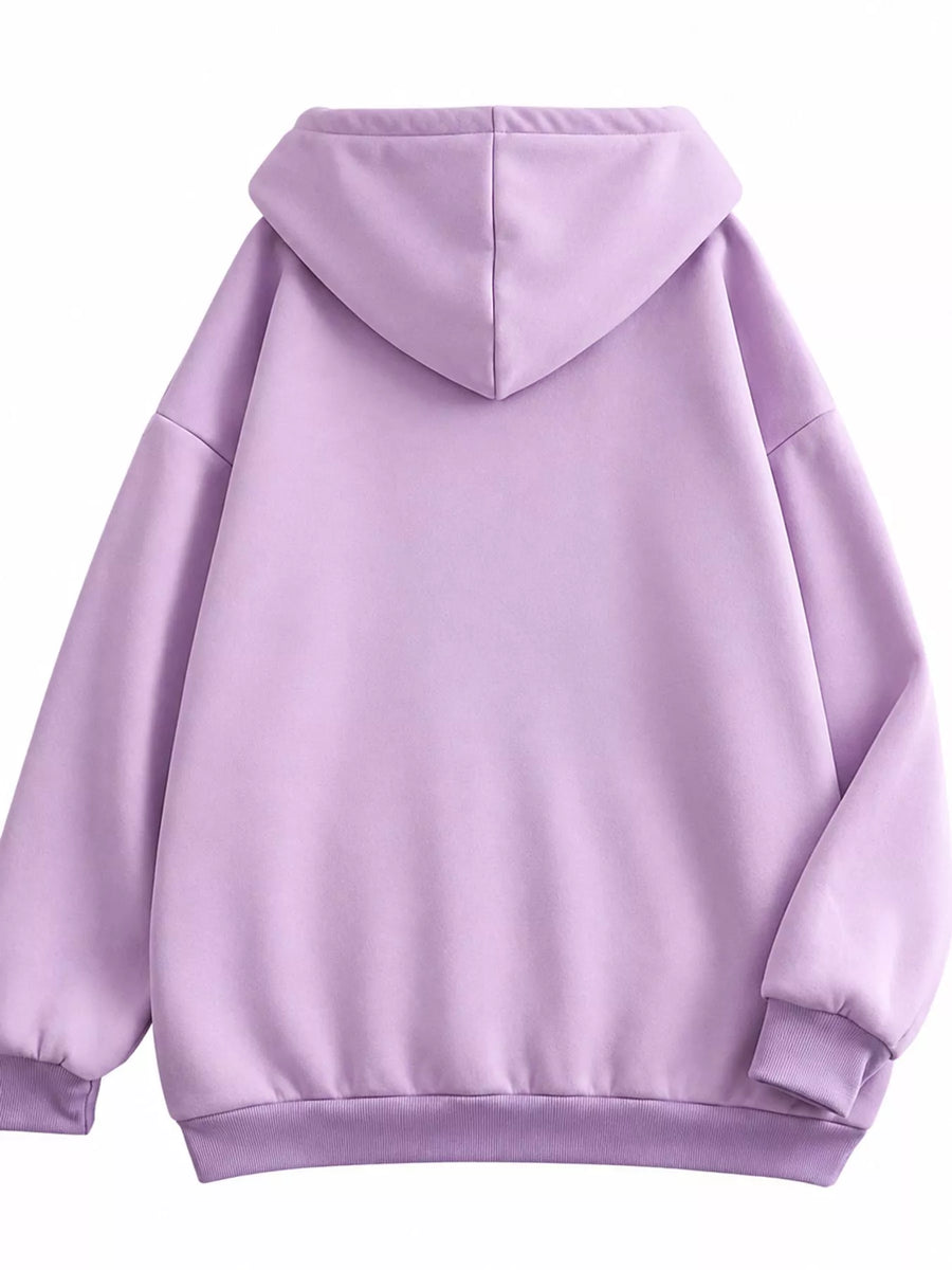 A light purple/lavender pullover hoodie shown from the back, featuring a relaxed fit, ribbed cuffs, and a ribbed hem, photographed against a solid white background.