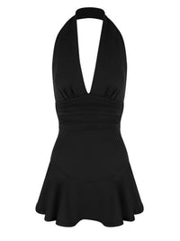 Black halter neck dress on a white background