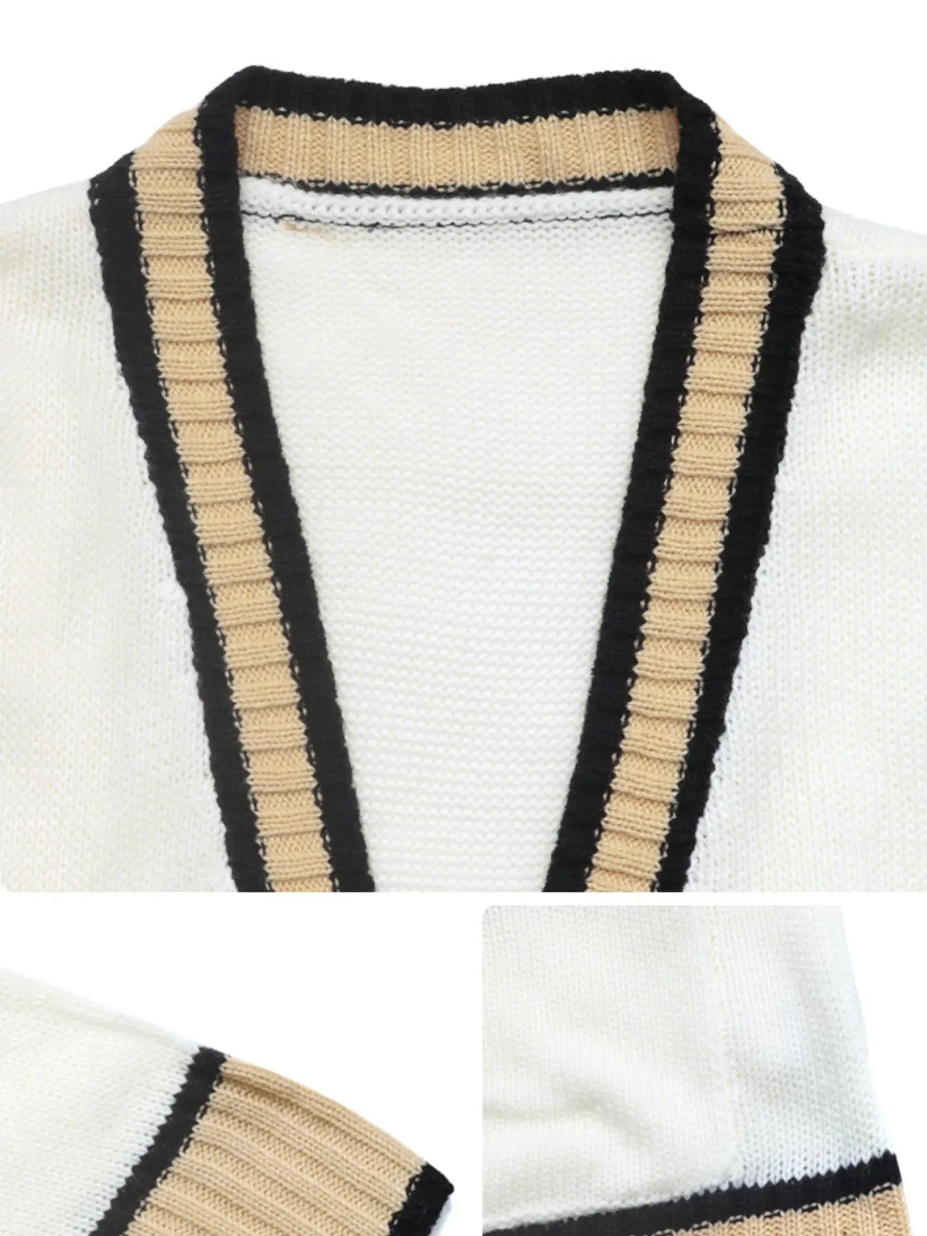 Close-up of a white garment with black and beige trim on a white background