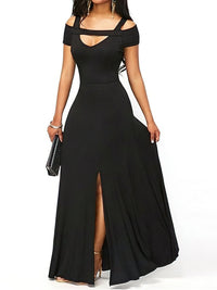 Black off-shoulder evening gown with a high slit on a white background