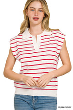 Woman wearing a red and white striped sleeveless shirt with a plain background