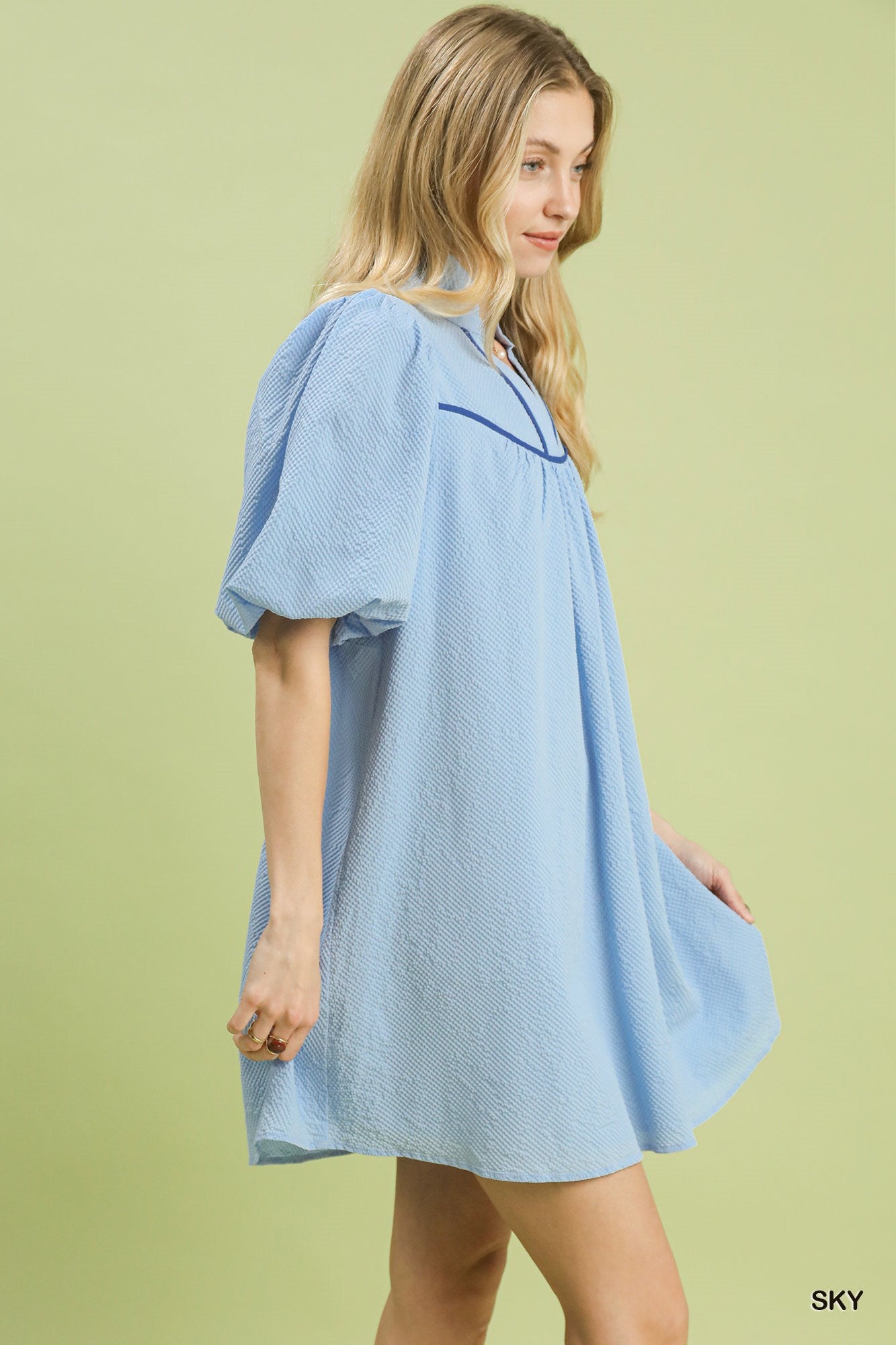 Woman wearing a light blue dress with a subtle pattern on a green background