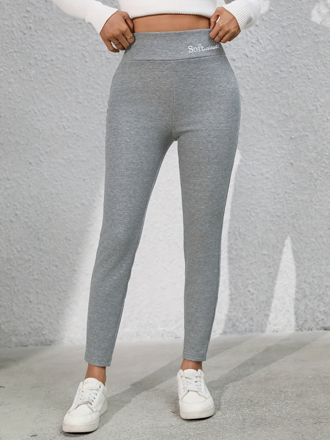 Gray Full Size Letter Embroidered High Waist Leggings