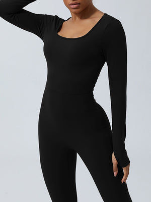 Front view of black Twisted Backless Long Sleeve Jumpsuit