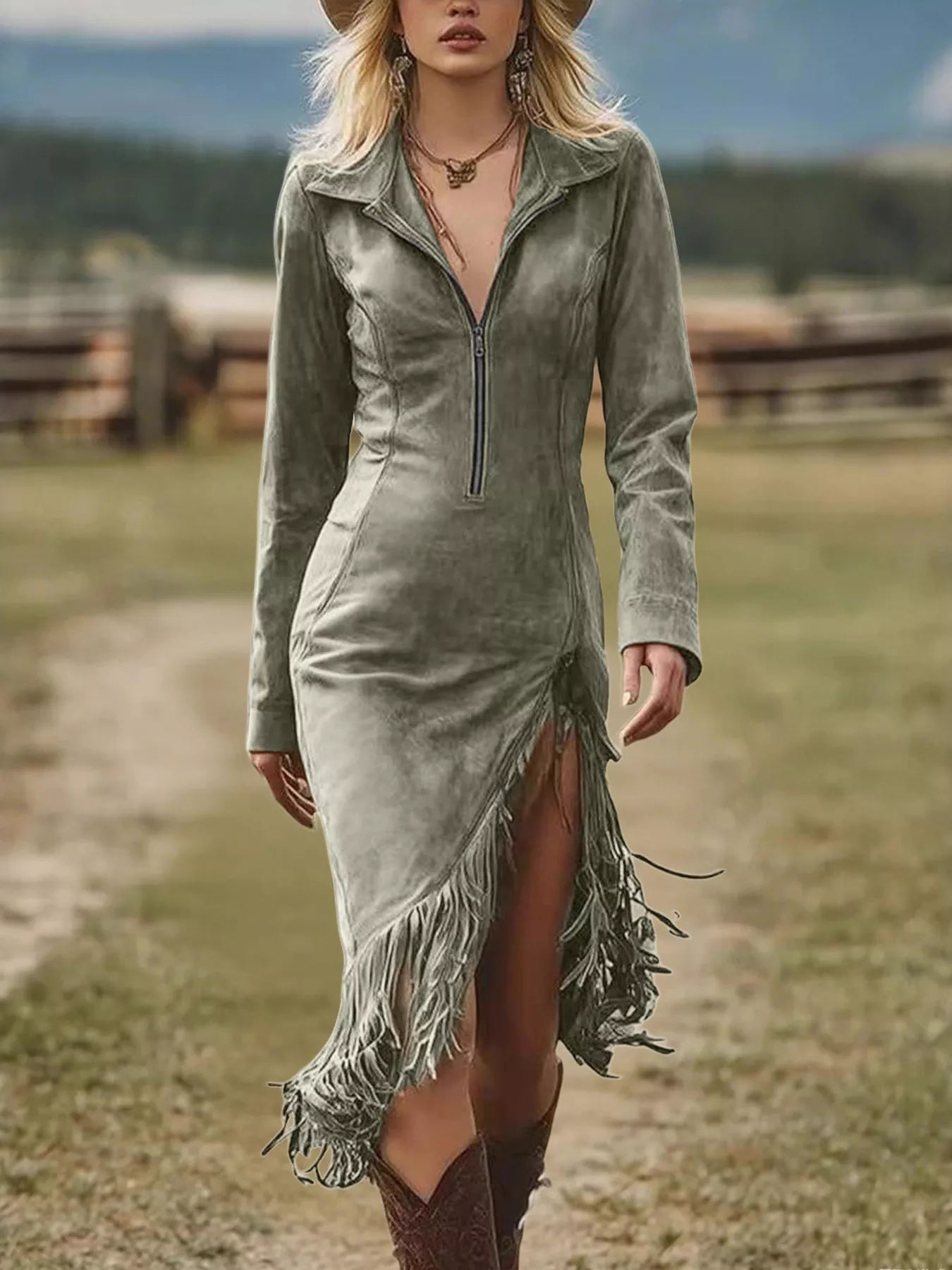 Woman wearing a green suede dress with fringe details in a natural setting