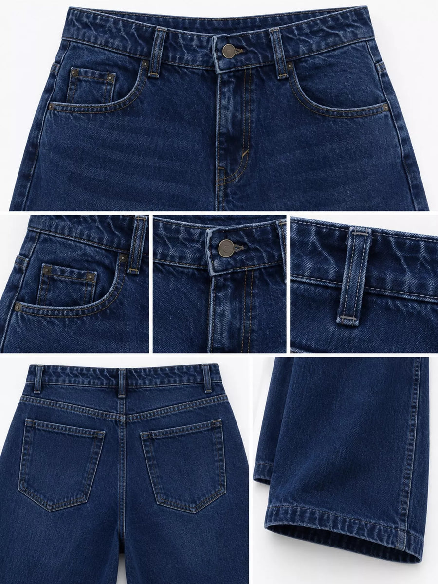 A collage showing multiple close-up views of dark blue denim jeans, including front pocket and waist details, back pocket views, and a side hem view, on a plain light background.
