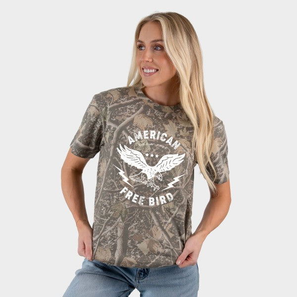 Woman wearing a camouflage t-shirt with an eagle design and text on a white background
