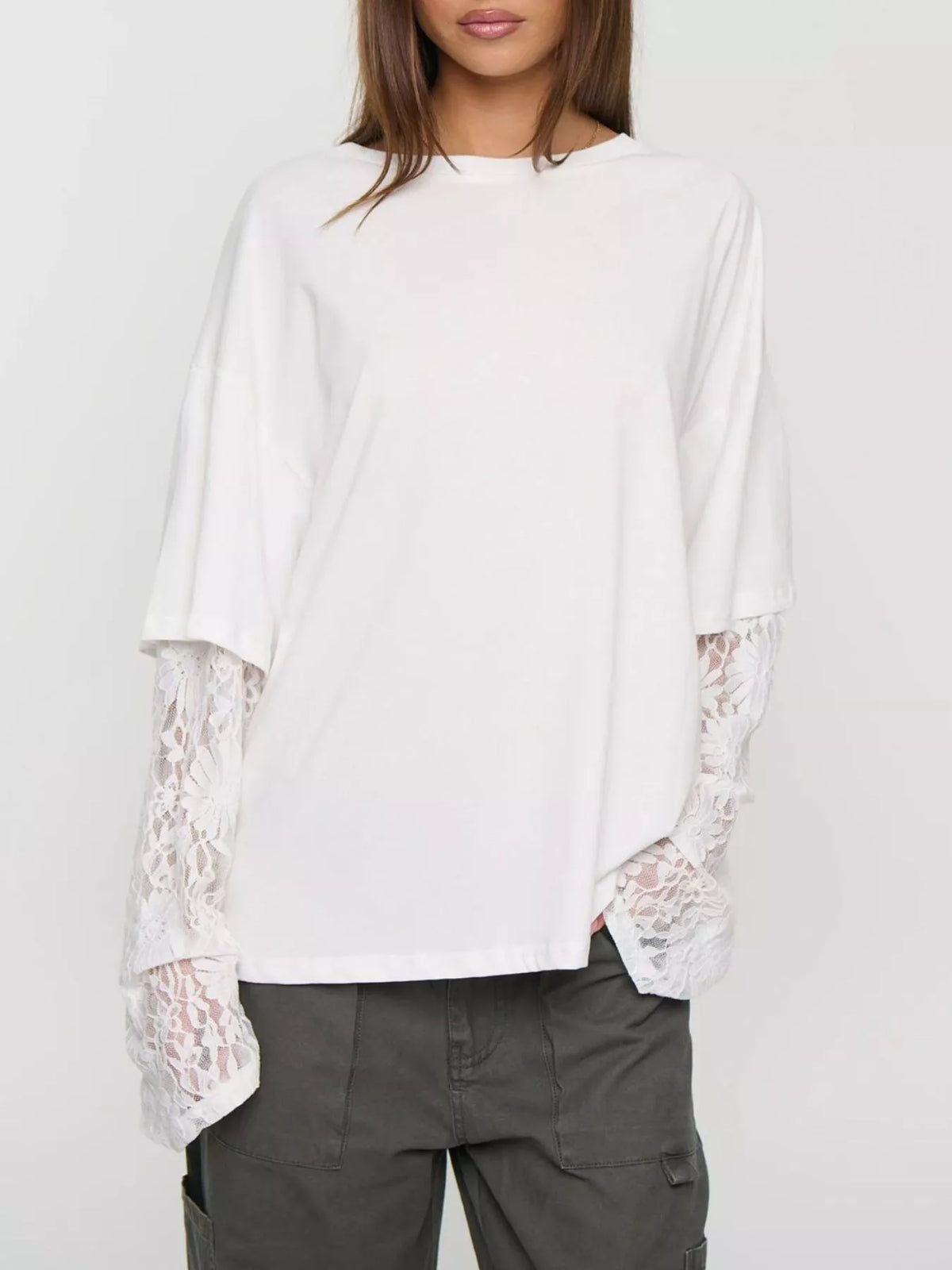 View of white Layered Lace-Sleeve T-Shirt 