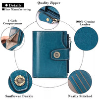 Blue leather wallet with quality features highlighted on a white background