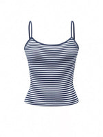 Navy and white striped tank top on a white background