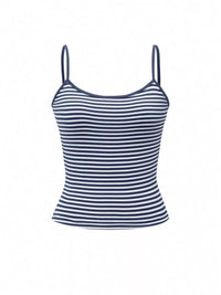 Navy and white striped tank top on a white background