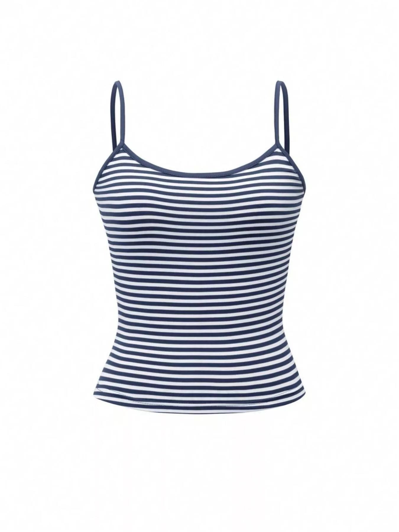 Navy and white striped tank top on a white background
