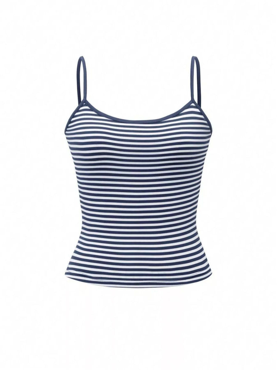 Navy and white striped tank top on a white background