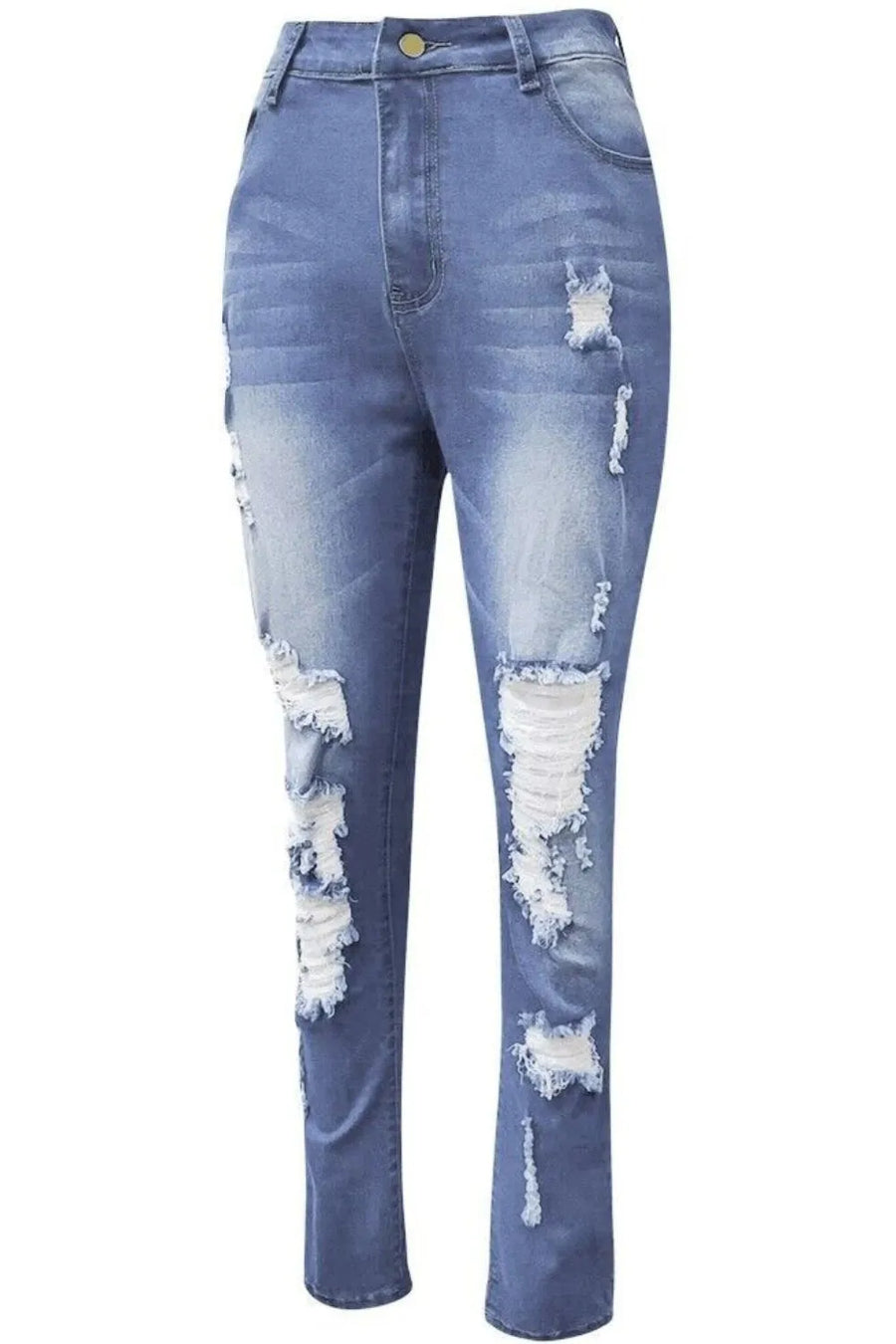Blue distressed jeans on a white background