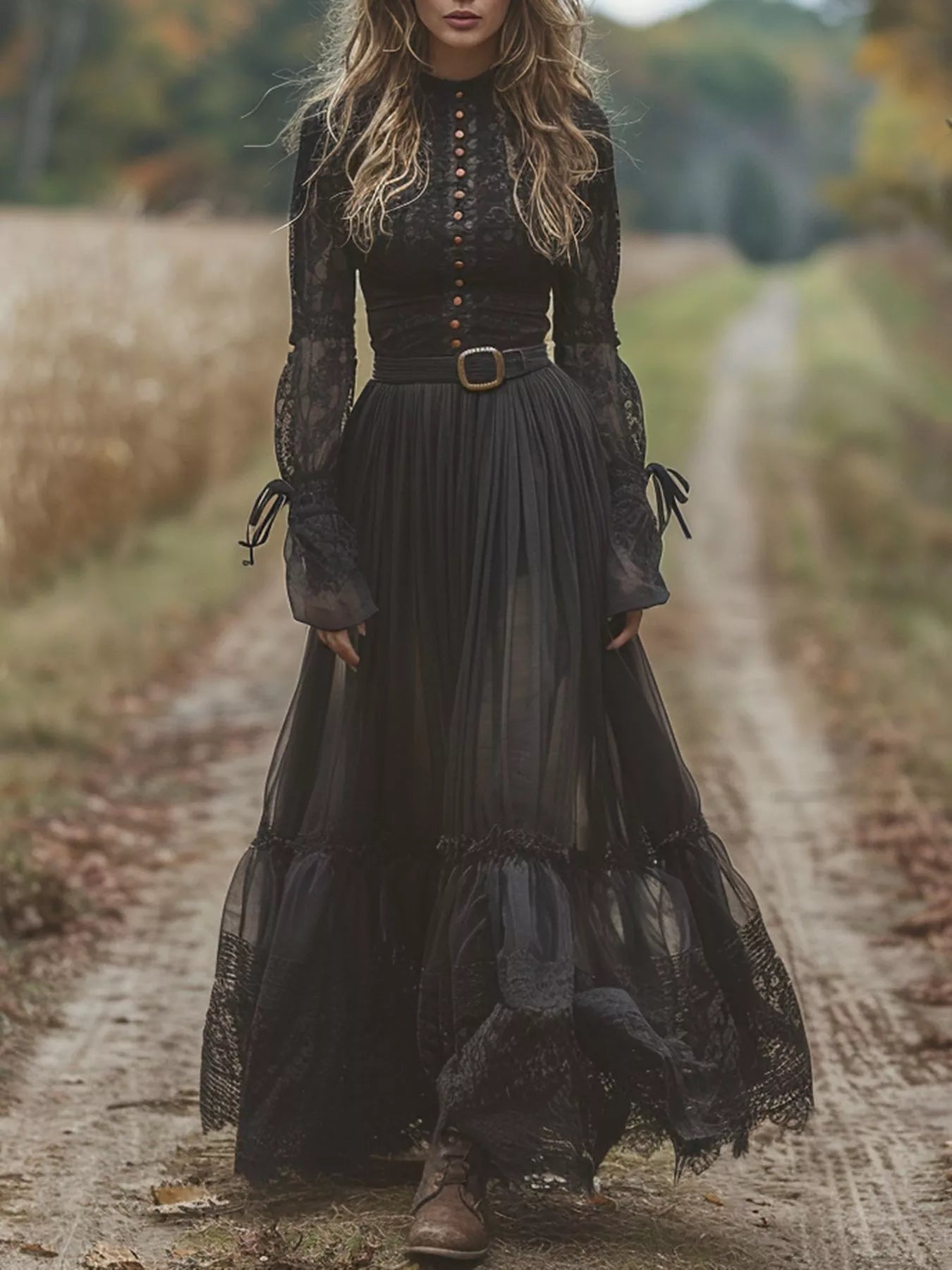 Woman in a long black lace dress standing on a dirt path in a natural setting