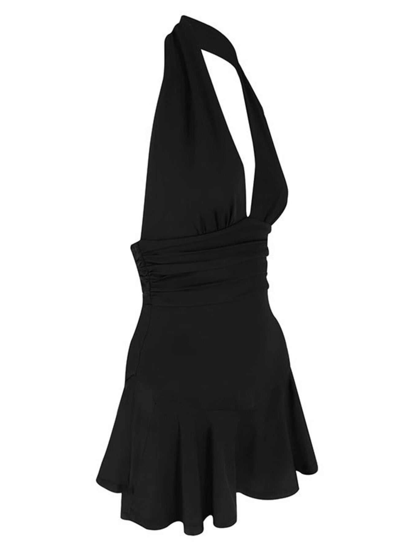 Black halter neck dress on a white background